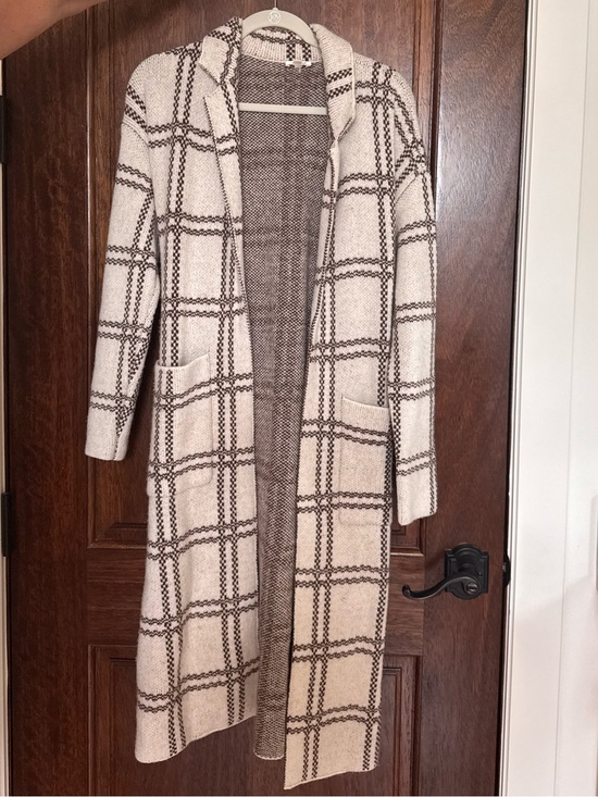 Splendid Sweaters - Splendid Cream and Brown Long Plaid Cardigan